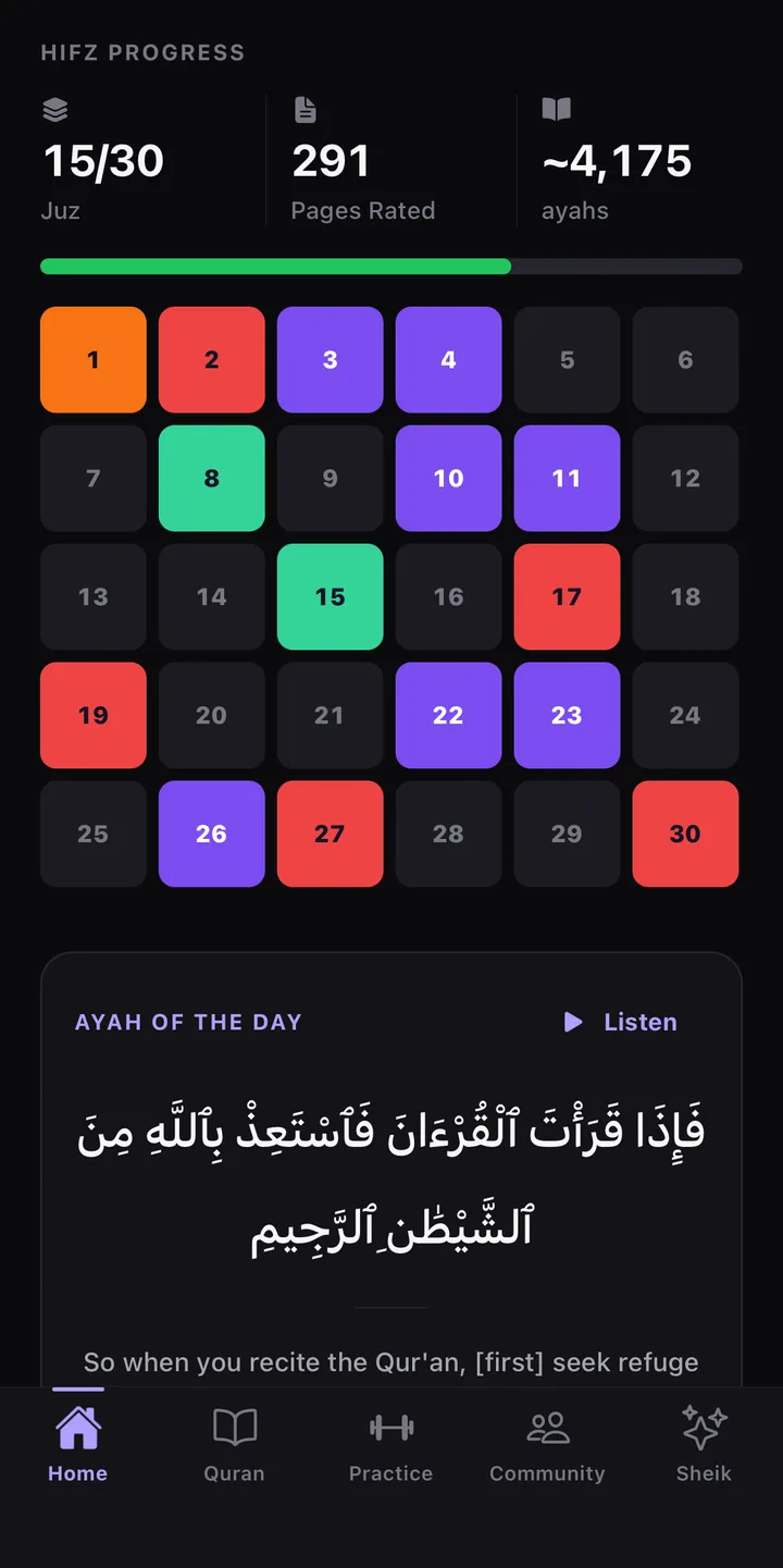 The home screen: 15 of 30 juz, 291 pages rated, and a grid of all 30 juz colour-coded by how strong each one is.