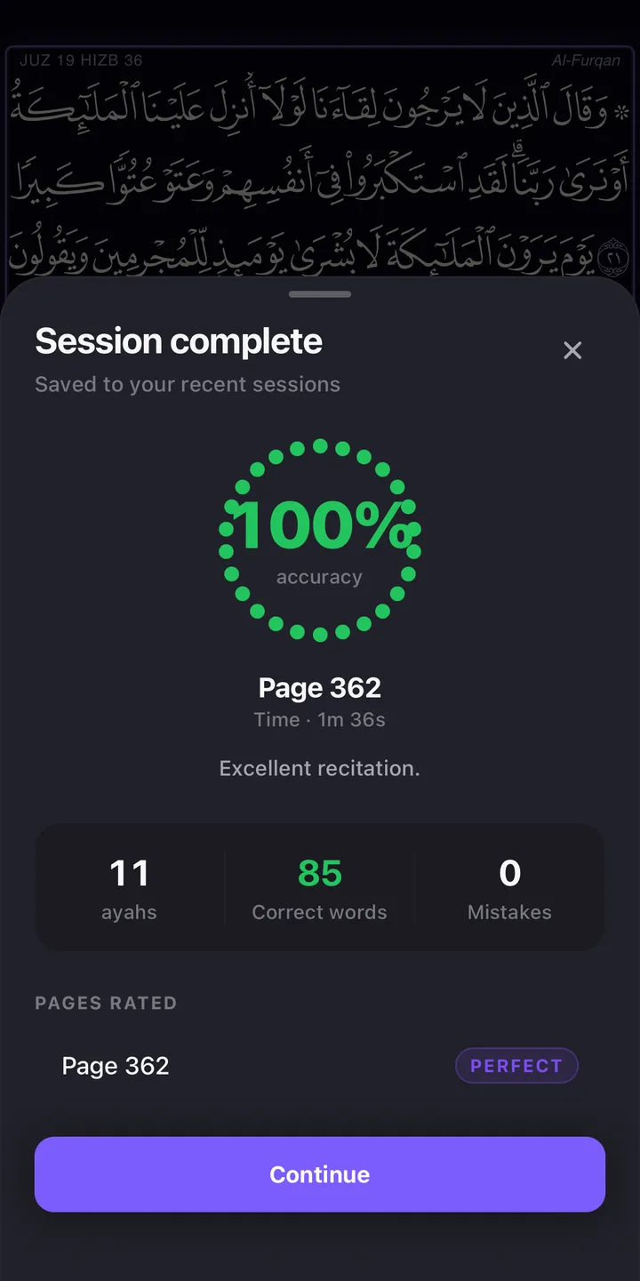 A finished session: 100 percent accuracy on page 362, one minute 36 seconds, 11 ayahs, 85 correct words, 0 mistakes, rated Perfect.