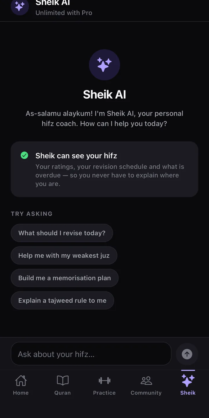 The Sheik screen, an in-app assistant that can see your hifz, with suggested questions listed underneath.